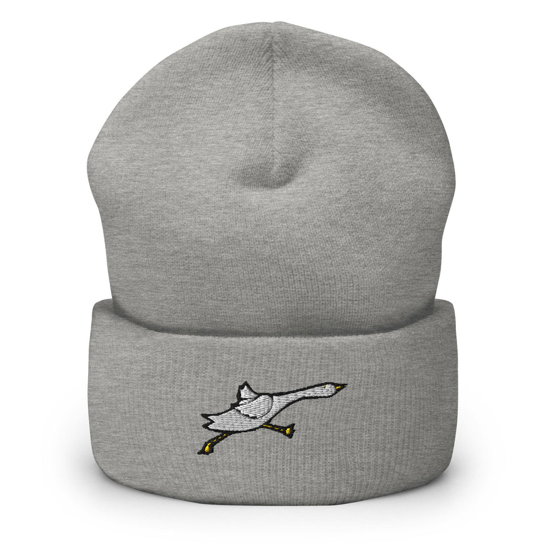 a grey beanie with a white duck on it