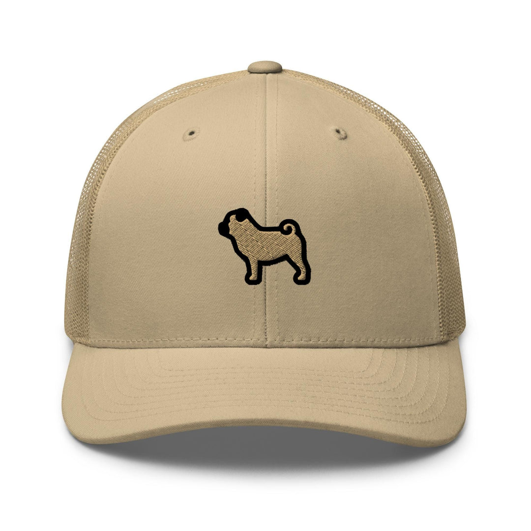a tan trucker hat with a black pug on it
