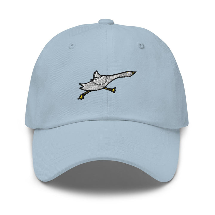 a light blue hat with a bird embroidered on it