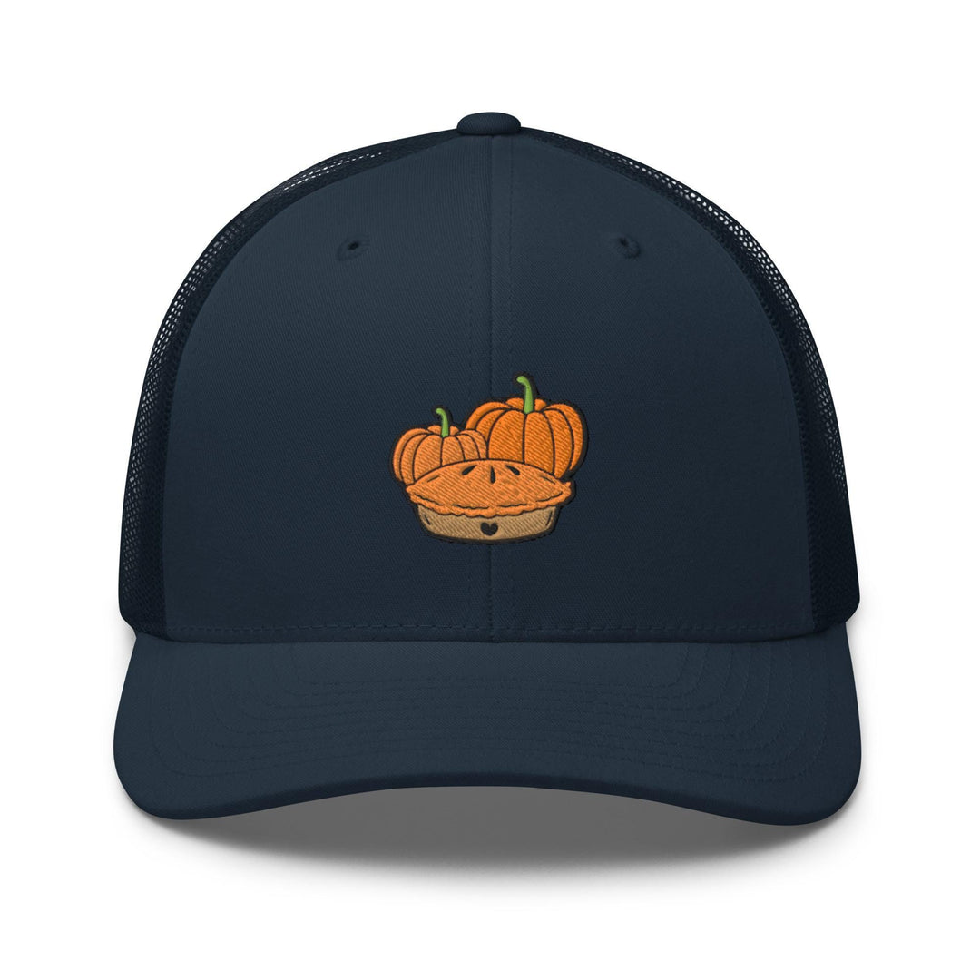a blue trucker hat with a picture of a pumpkin in a basket