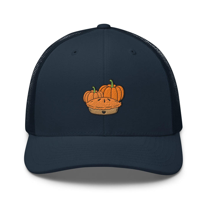 a blue trucker hat with a picture of a pumpkin in a basket