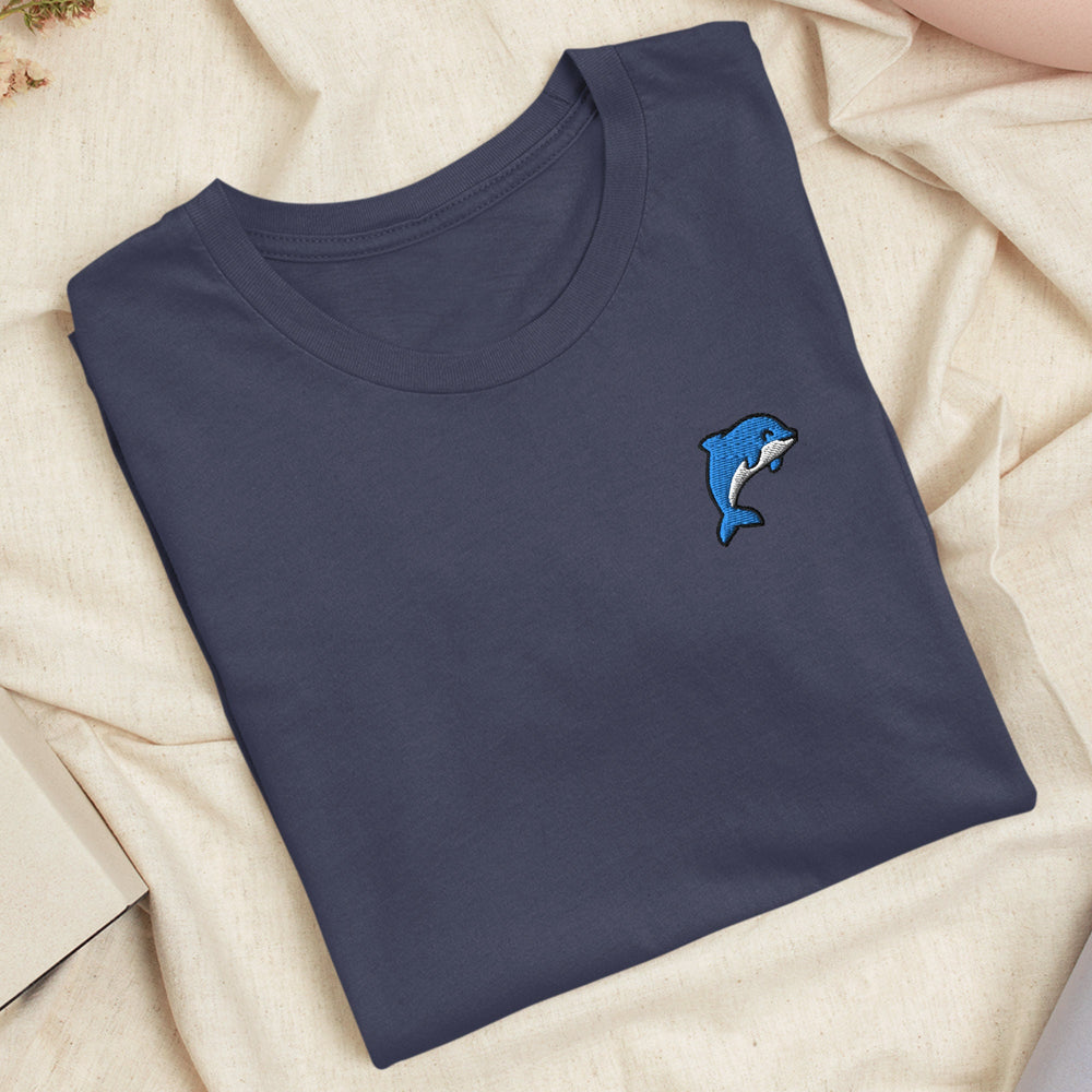 a blue t - shirt with a dolphin embroidered on it