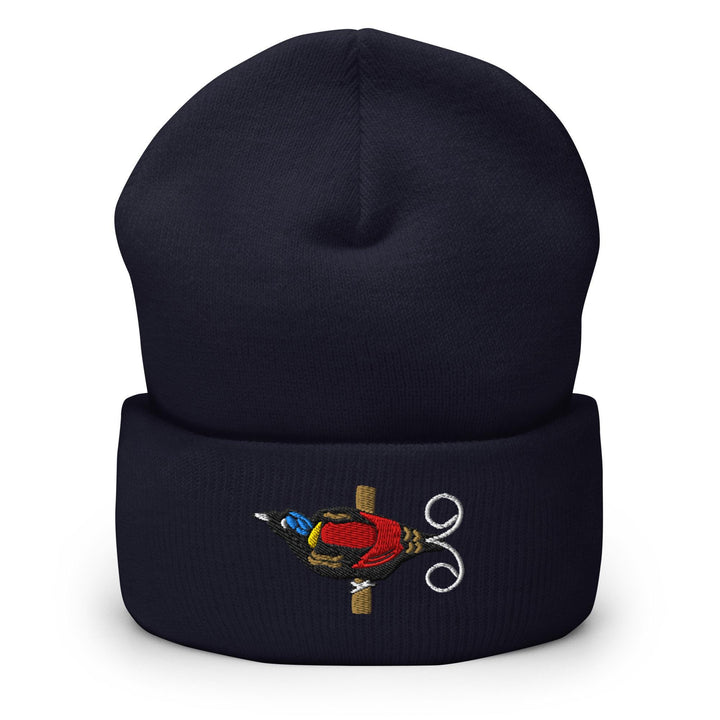 a beanie with a picture of a bird on it