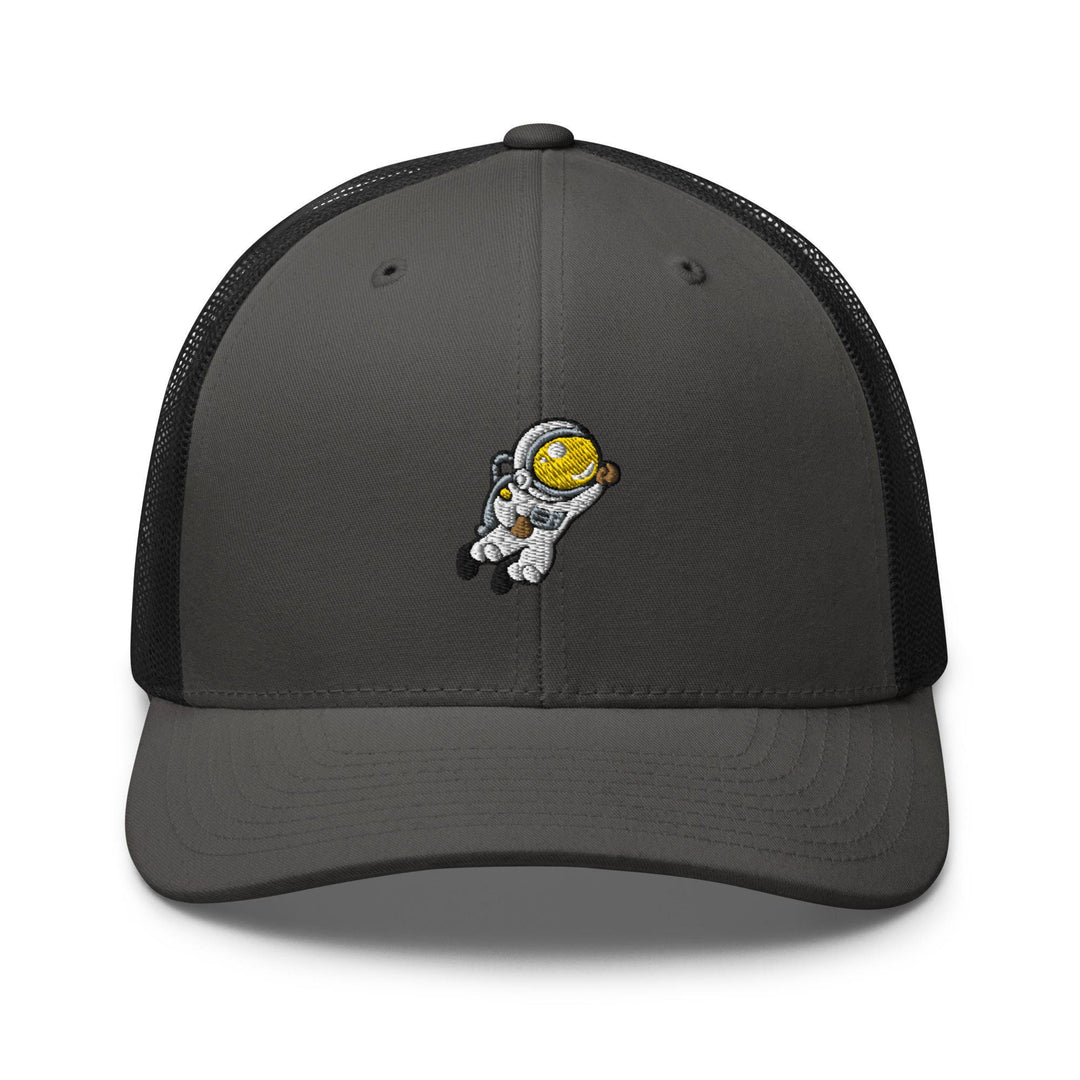 a gray and black trucker hat with an astronaut on it
