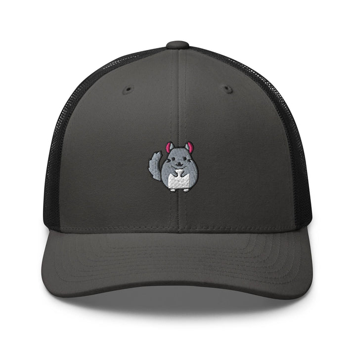 a gray and black trucker hat with a cartoon character