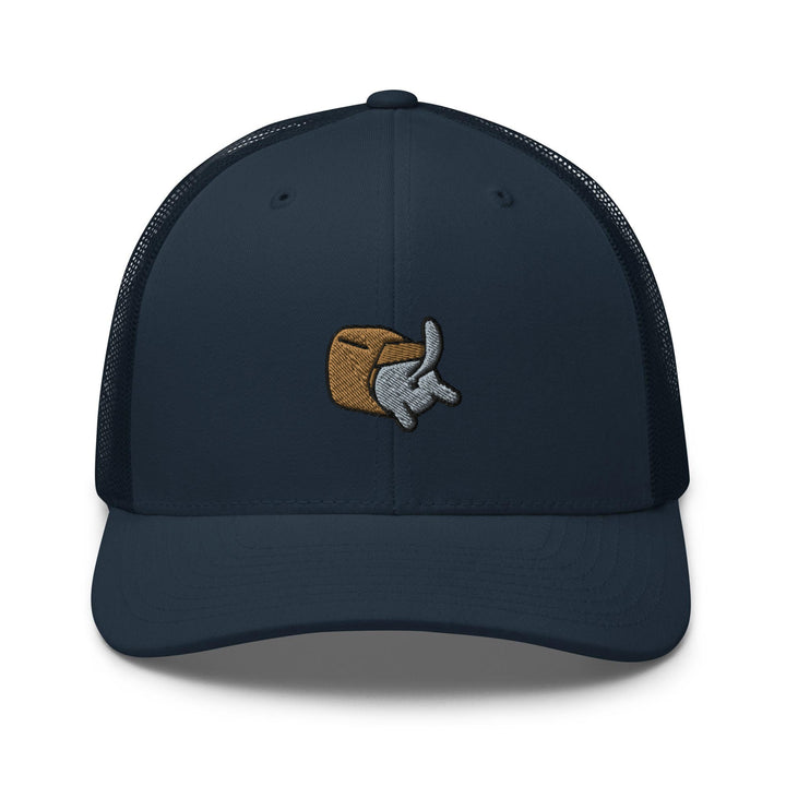 a blue trucker hat with an image of a piece of bread on it