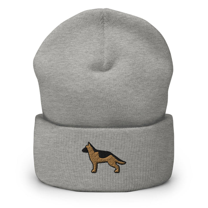 a grey beanie with a german shepherd on it