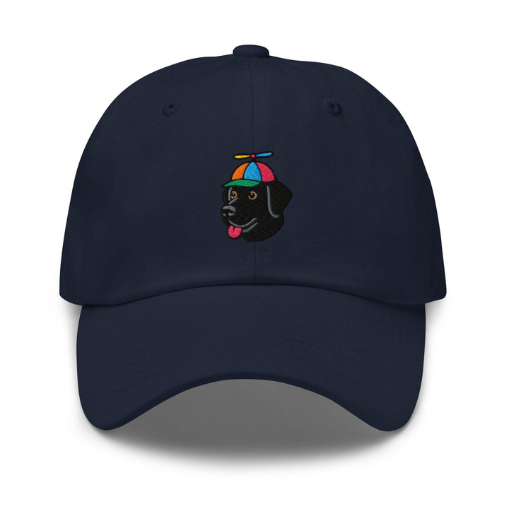 a blue hat with a black dog wearing an umbrella