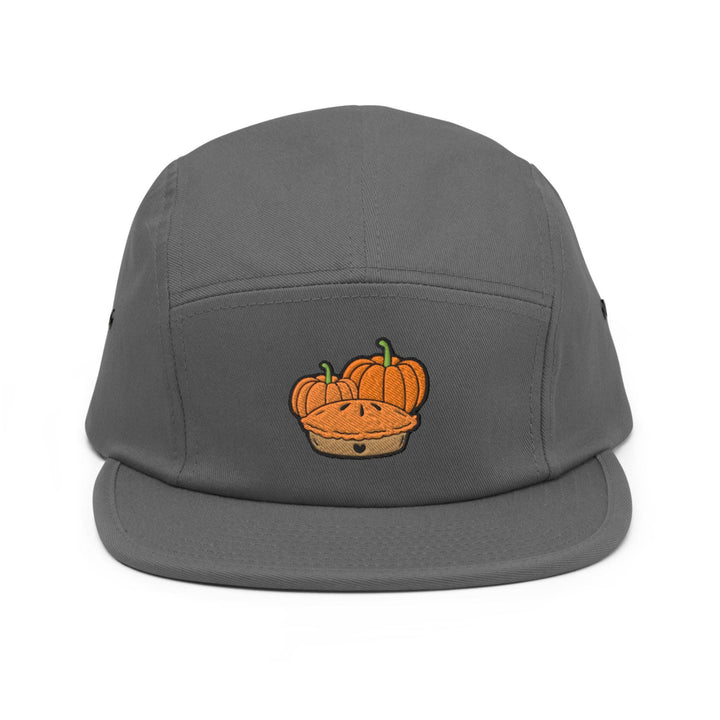 a gray hat with a picture of a basket of pumpkins on it