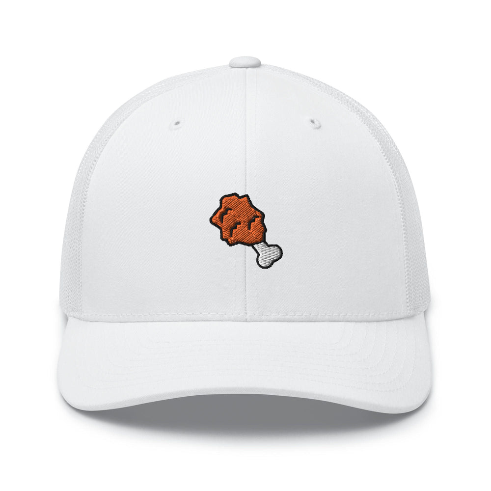 a white hat with an orange dog bone on it