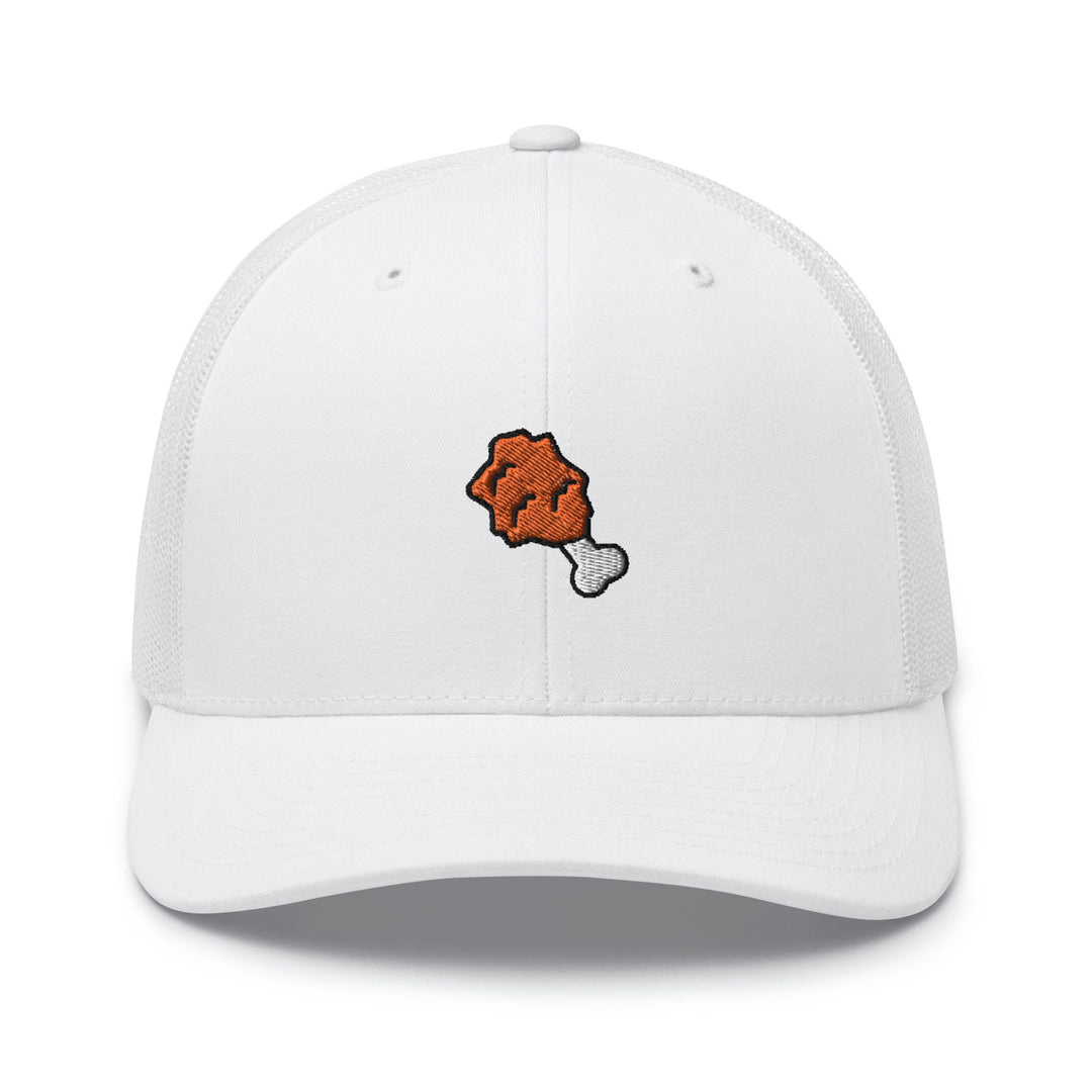 a white hat with an orange dog bone on it
