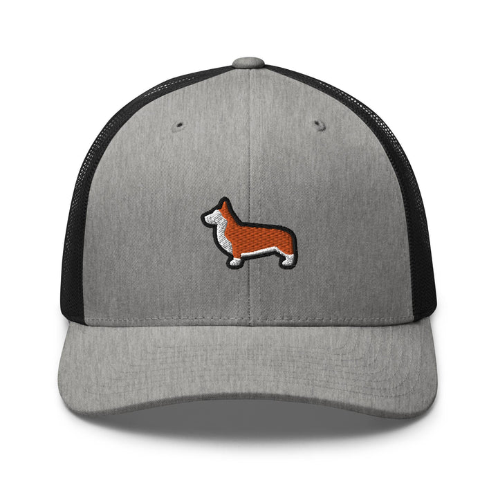 a grey and black hat with a dog embroidered on it