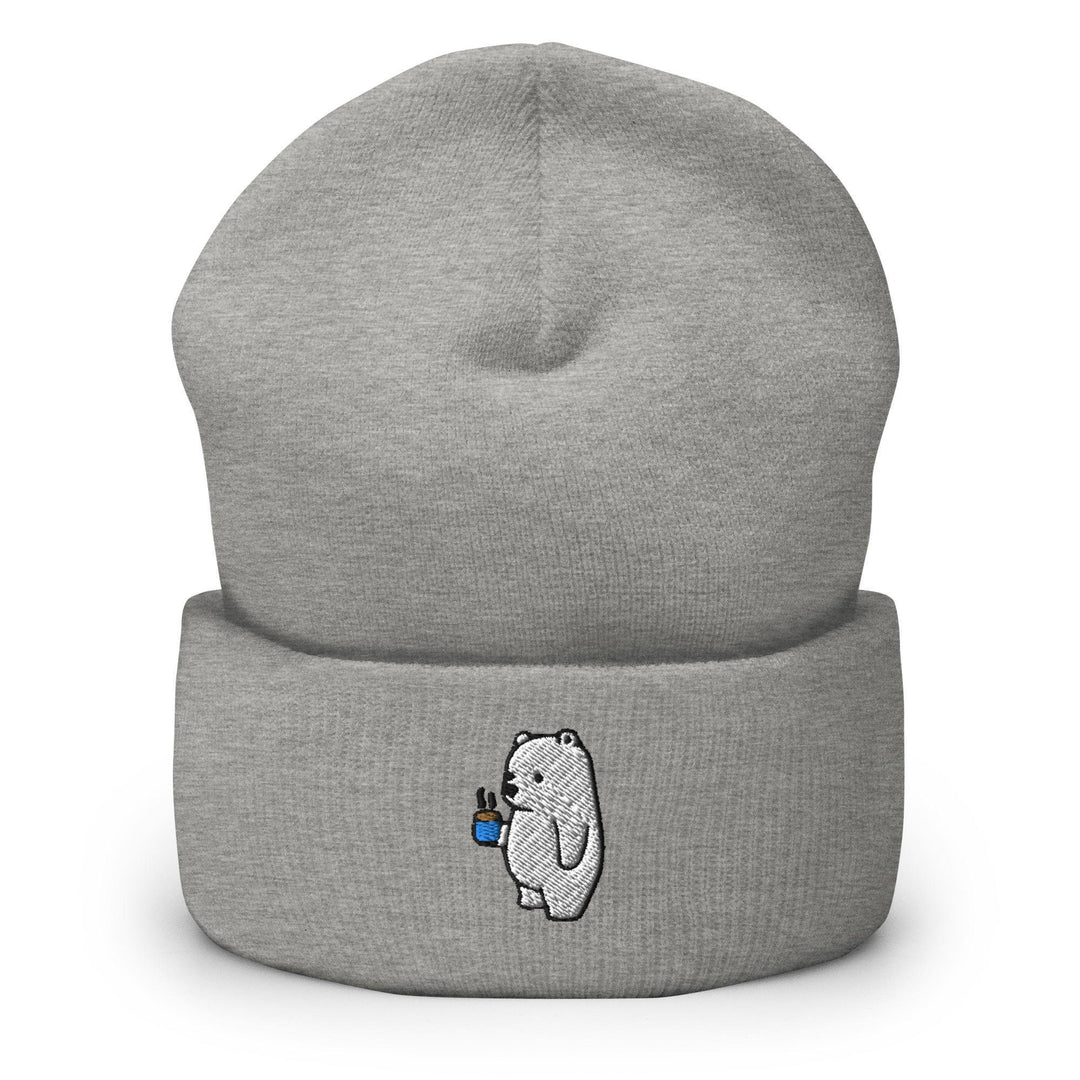a grey beanie with a polar bear on it
