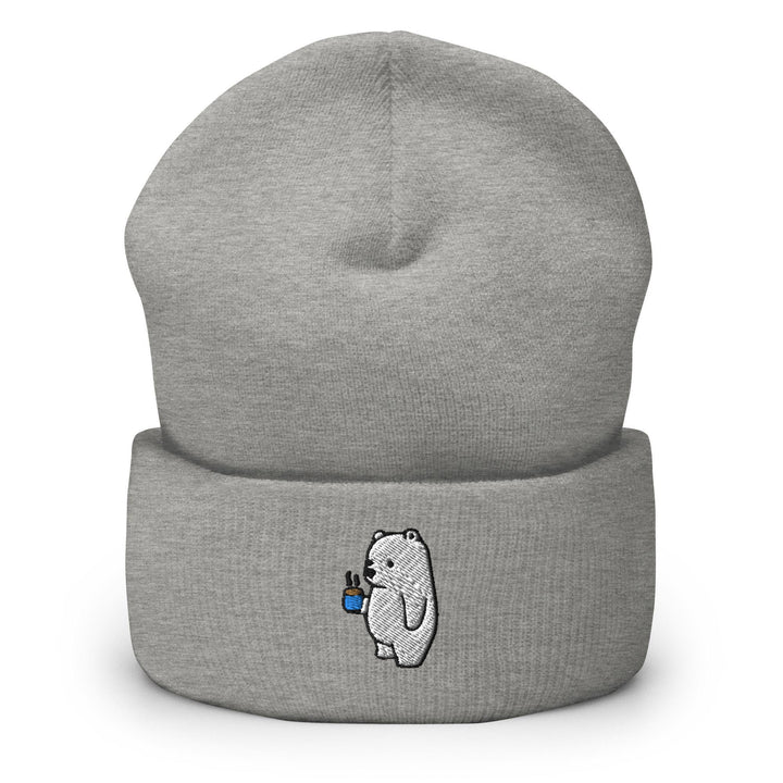 a grey beanie with a polar bear on it
