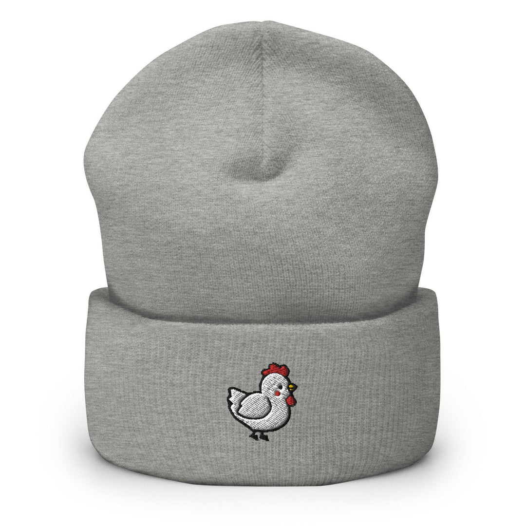 a gray beanie with a chicken embroidered on it