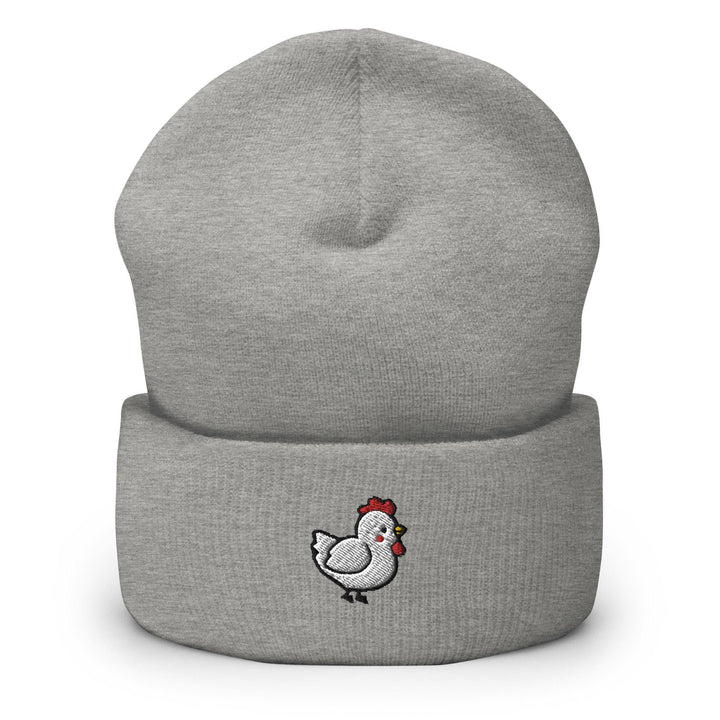 a gray beanie with a chicken embroidered on it