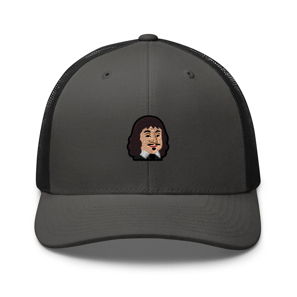a gray and black hat with a picture of a man&#39;s face on it