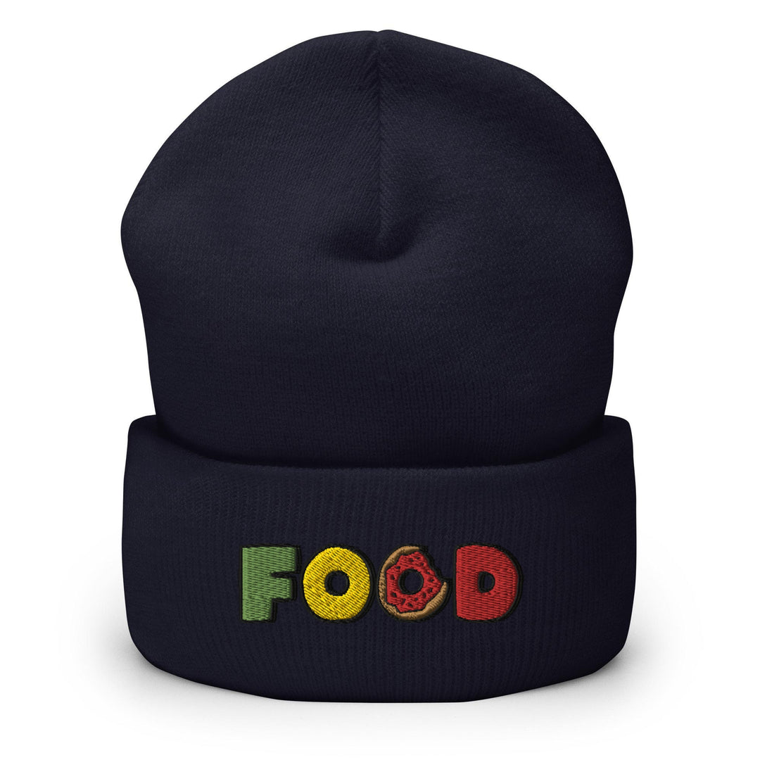 a beanie hat with the word food printed on it