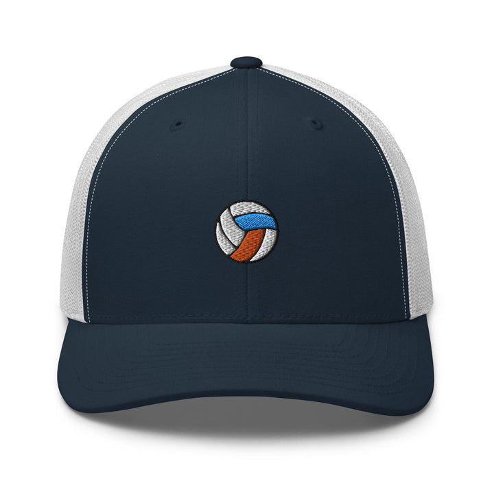 a blue and white trucker hat with a volleyball ball on it