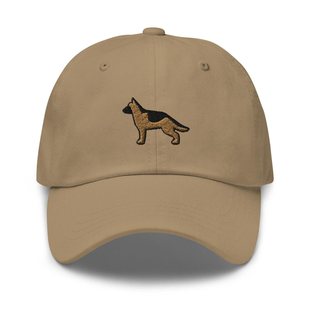 a tan hat with a dog embroidered on it