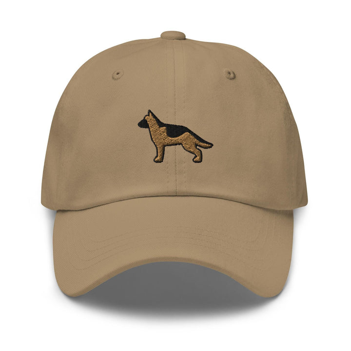 a tan hat with a dog embroidered on it