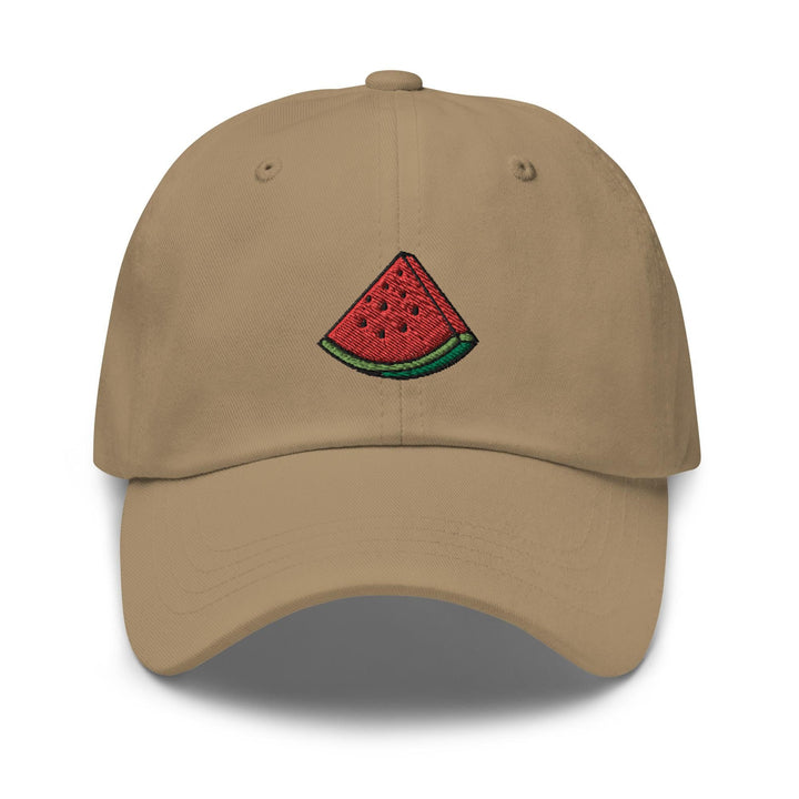 a tan hat with a watermelon embroidered on it