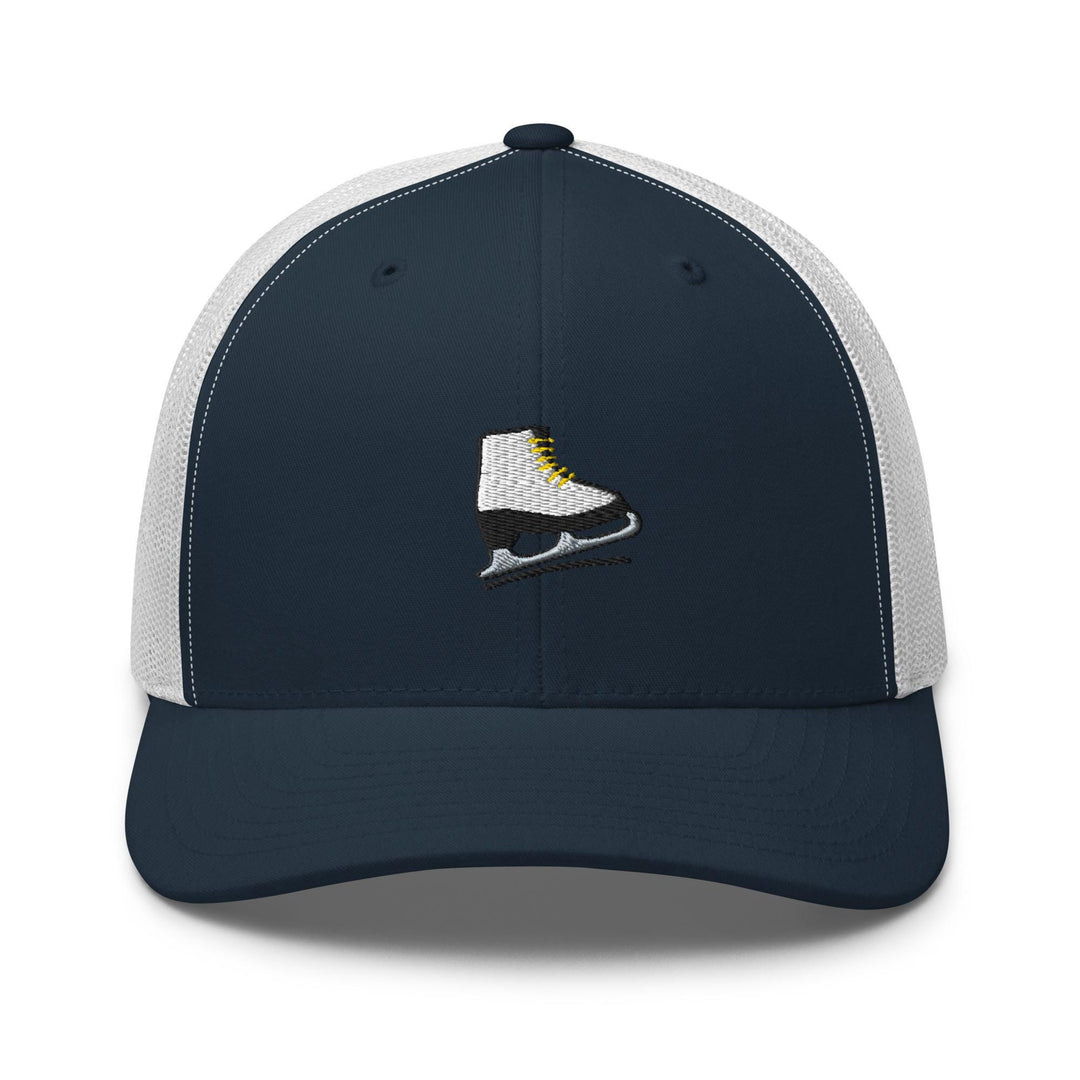 a blue and white hat with a shoe on it
