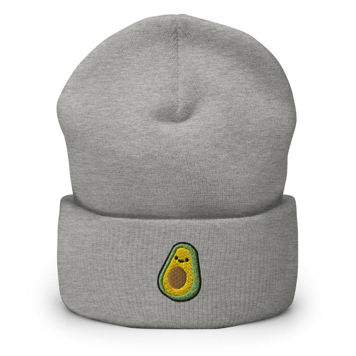 a grey beanie with an avocado embroidered on it