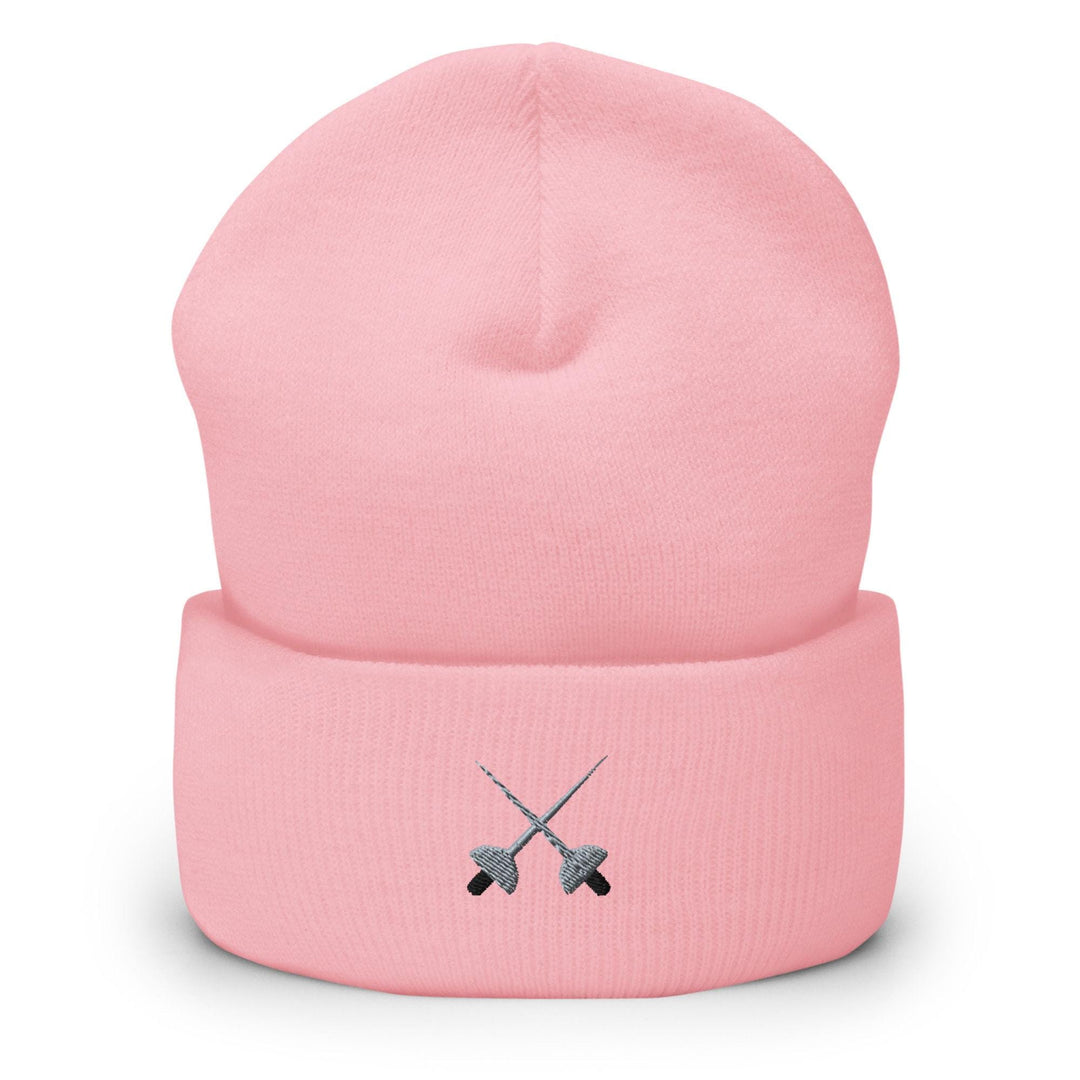 a pink hat with two crossed swords on it