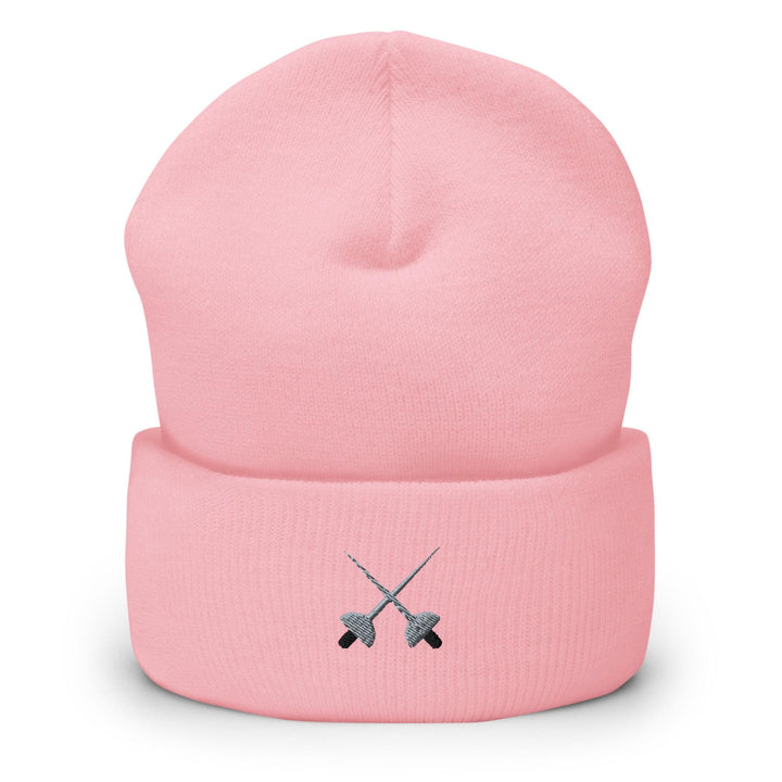 a pink hat with two crossed swords on it
