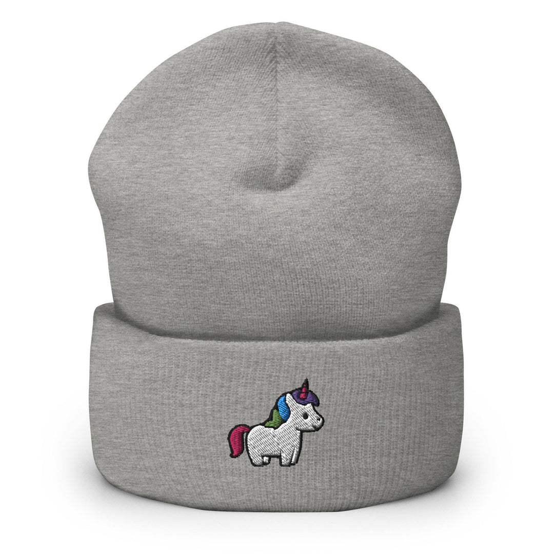 a grey beanie with a rainbow unicorn on it
