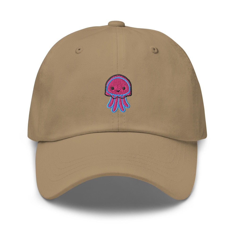 a tan hat with a pink jellyfish embroidered on it