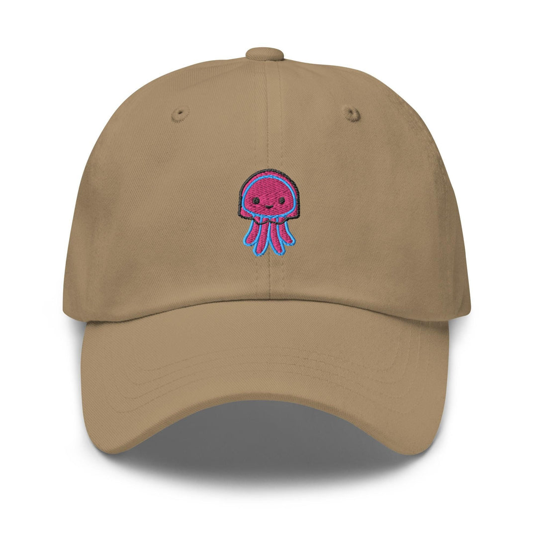 a tan hat with a pink jellyfish embroidered on it