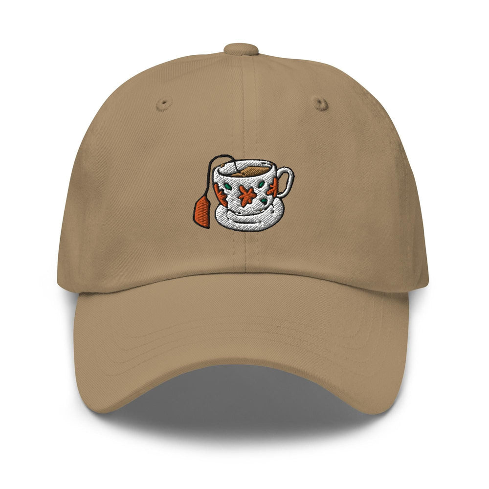 a tan hat with a coffee cup on it