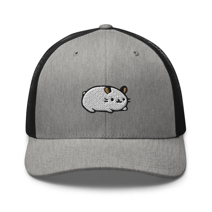 a gray and black trucker hat with a cartoon pig on it