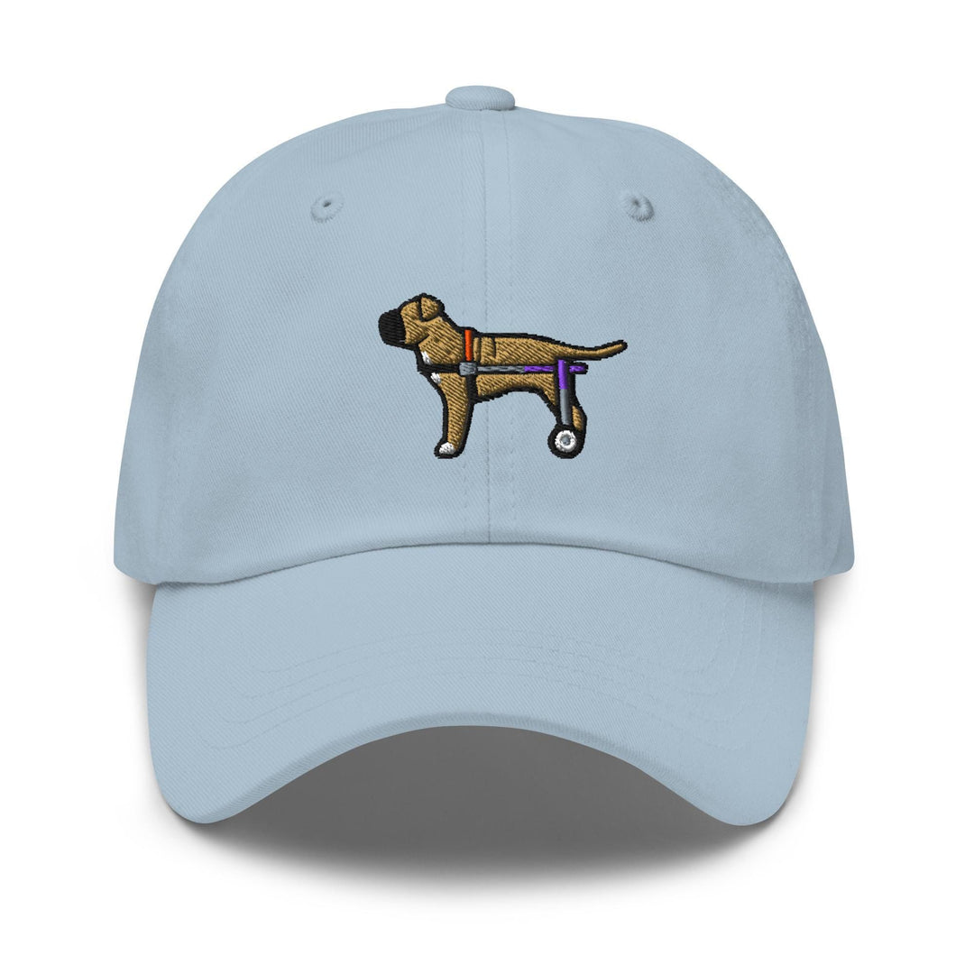 a light blue hat with a dog embroidered on it