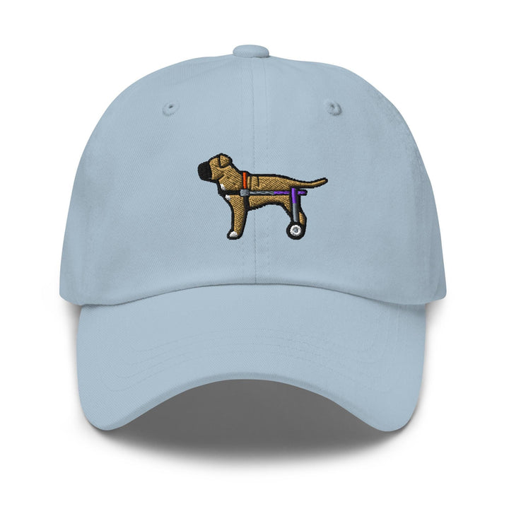 a light blue hat with a dog embroidered on it