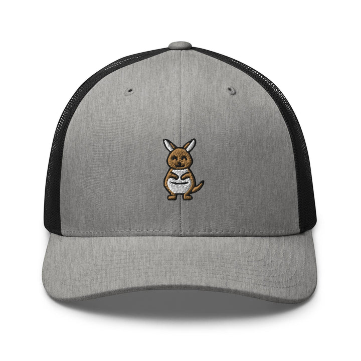 a grey and black hat with a kangaroo embroidered on it