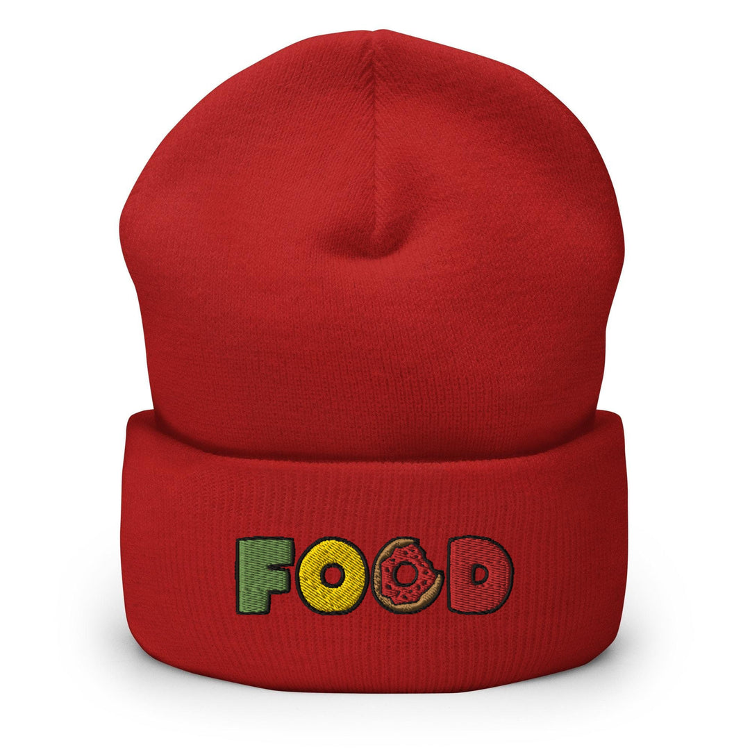 a red beanie with the word food on it