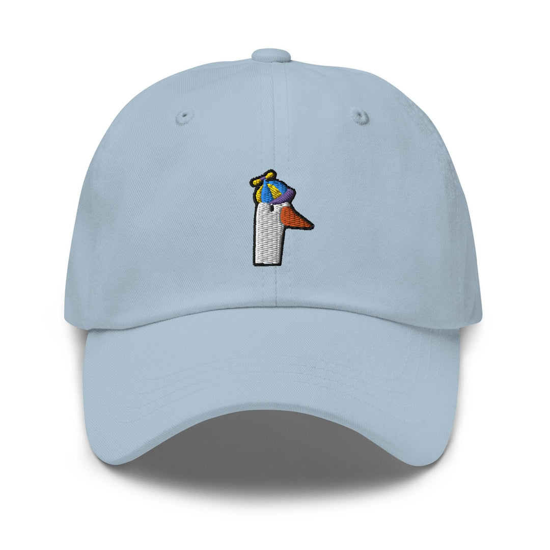a light blue hat with a picture of a bird on it
