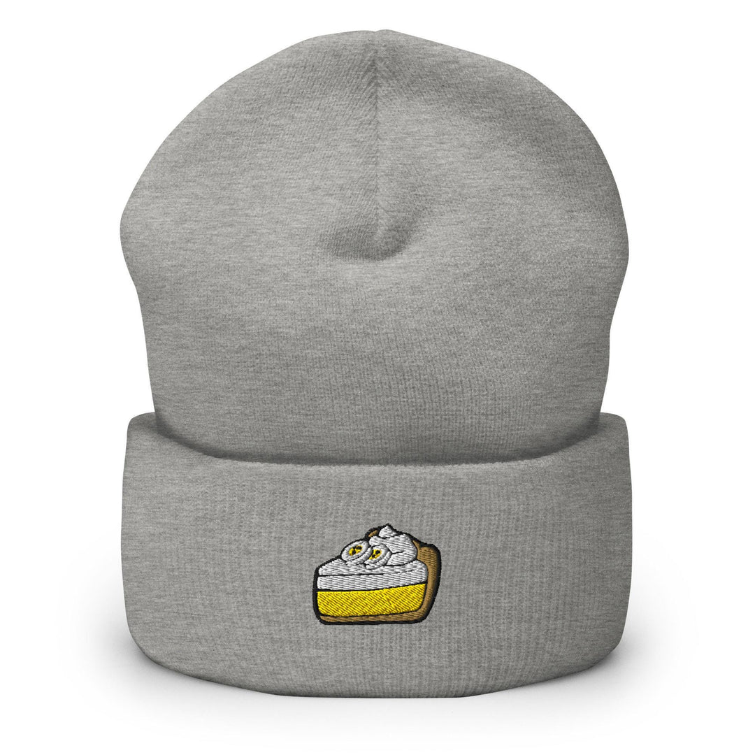 a grey beanie with a cake on it