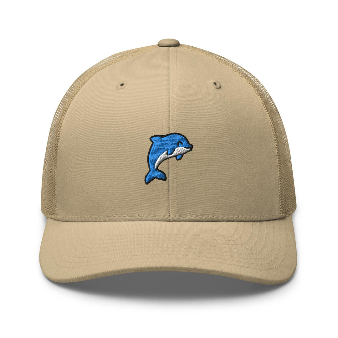 a tan hat with a dolphin embroidered on the front