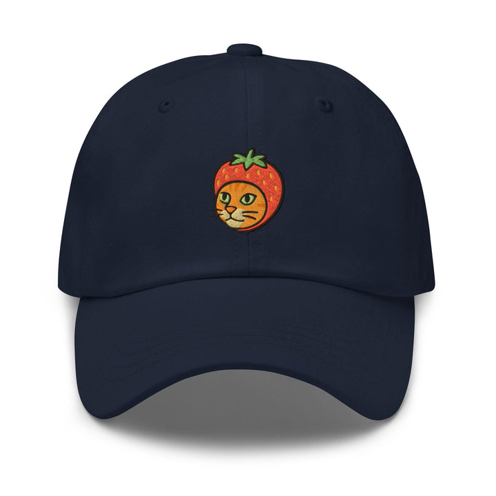 a baseball cap with a cat and a tomato on it