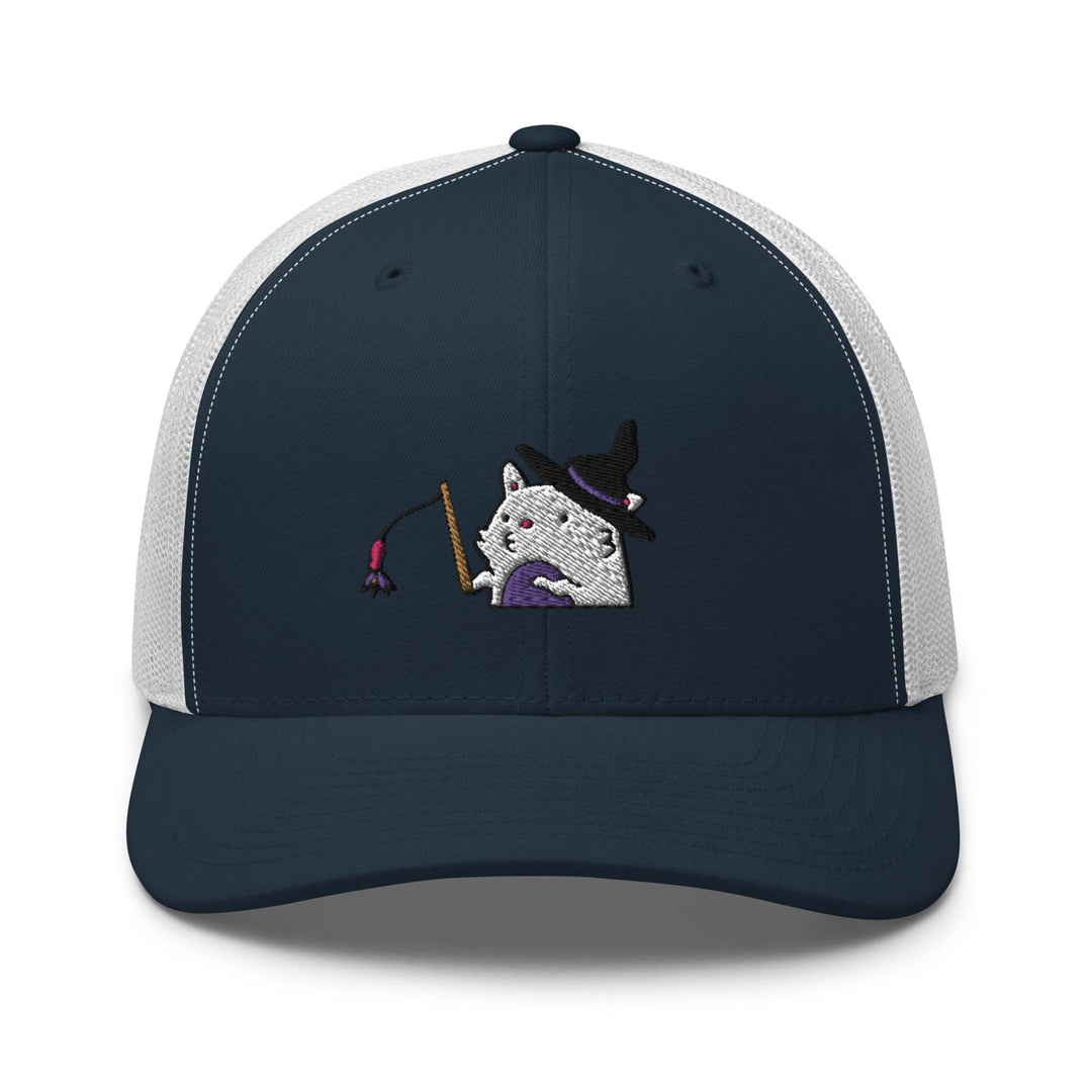 a trucker hat with a picture of a cat holding a broom