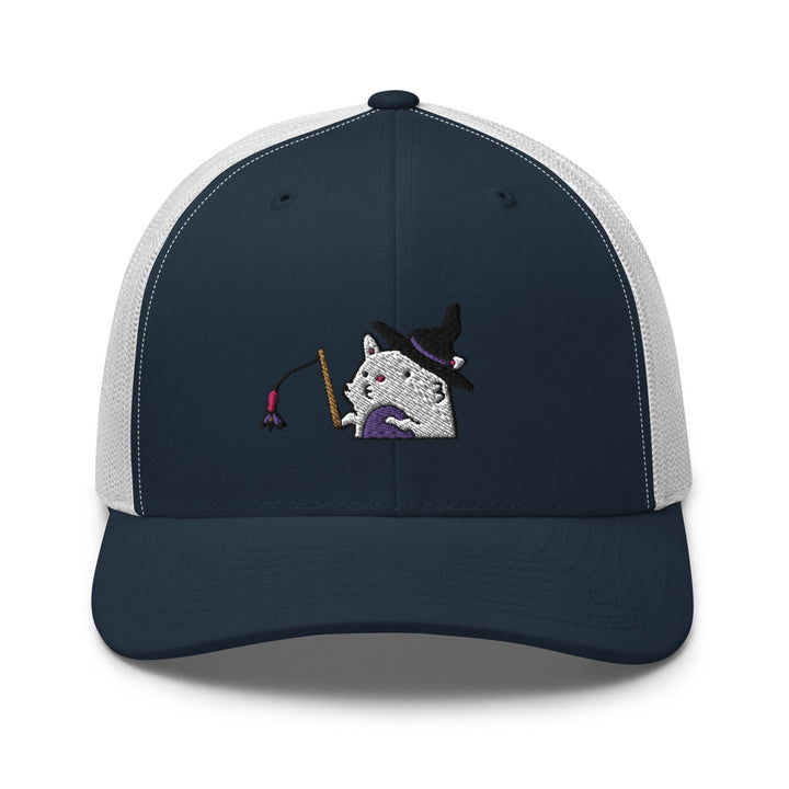 a trucker hat with a picture of a cat holding a broom