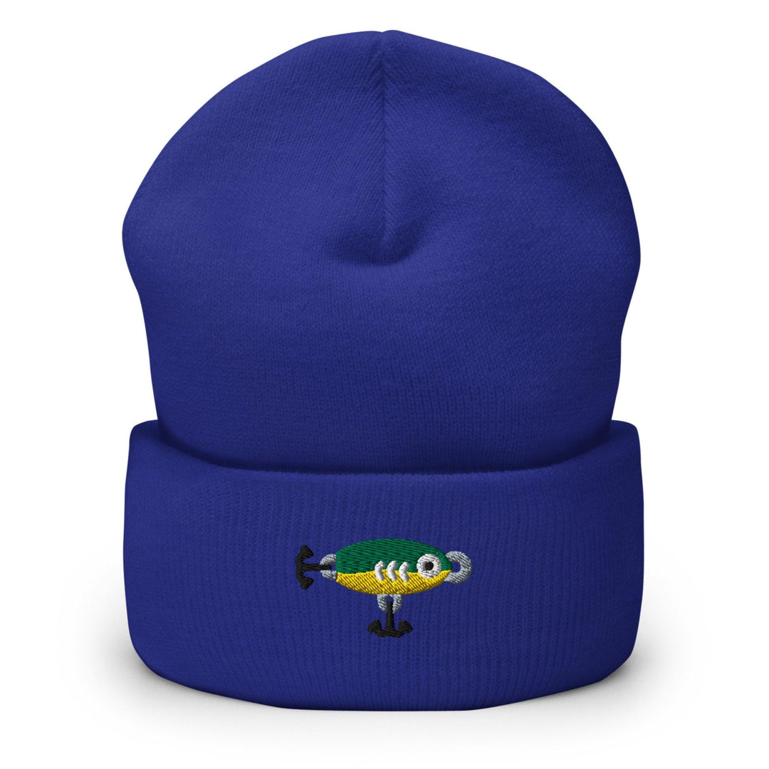 a blue beanie hat with an airplane on it