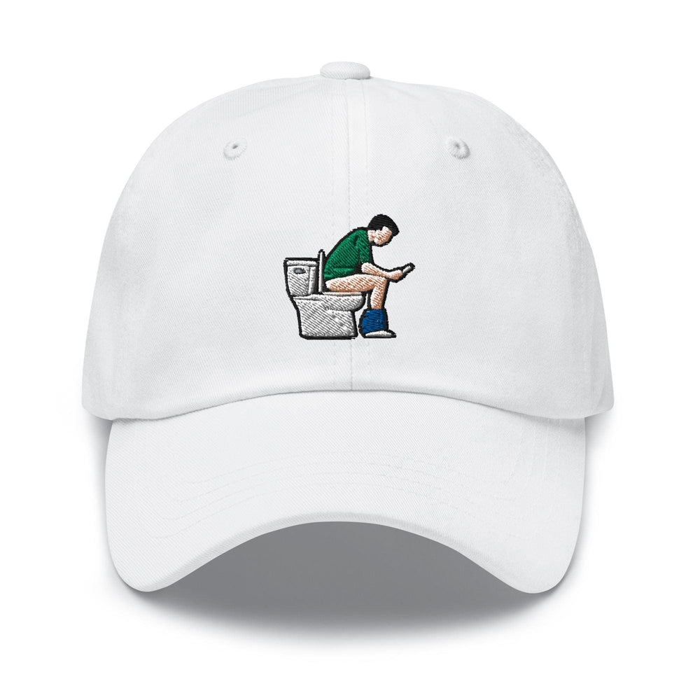 a white hat with a man sitting on a toilet