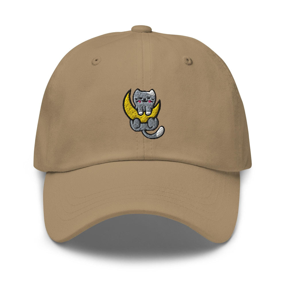 a tan hat with a cartoon cat sitting on the moon