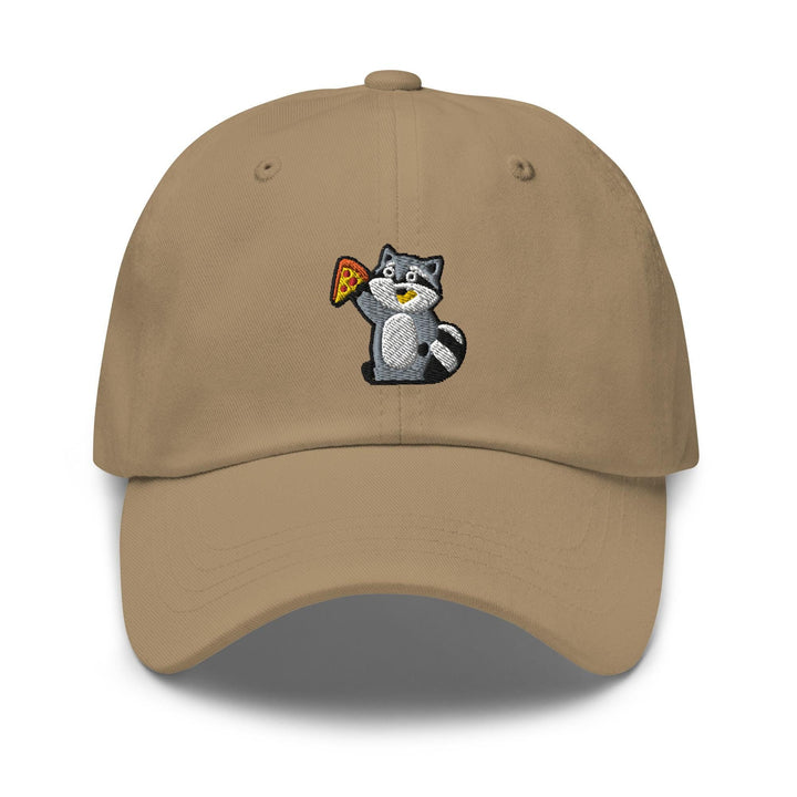 a tan hat with a raccoon eating a pizza