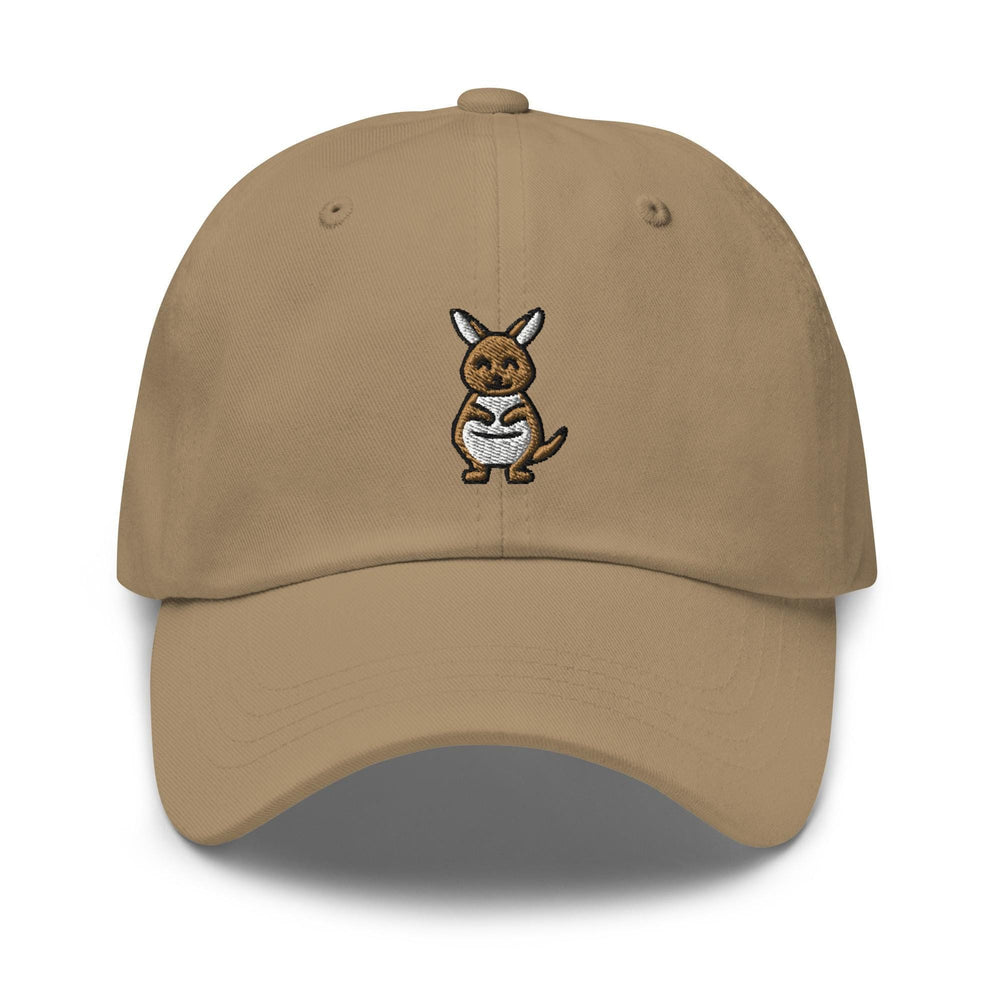 a tan hat with a kangaroo embroidered on it
